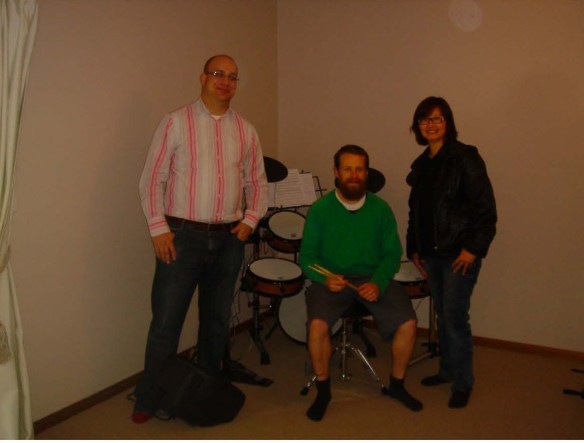 Melbourne drumming teacher George Weis with XM eDrum's Wendy Jen and XM's friend Jesse Somer